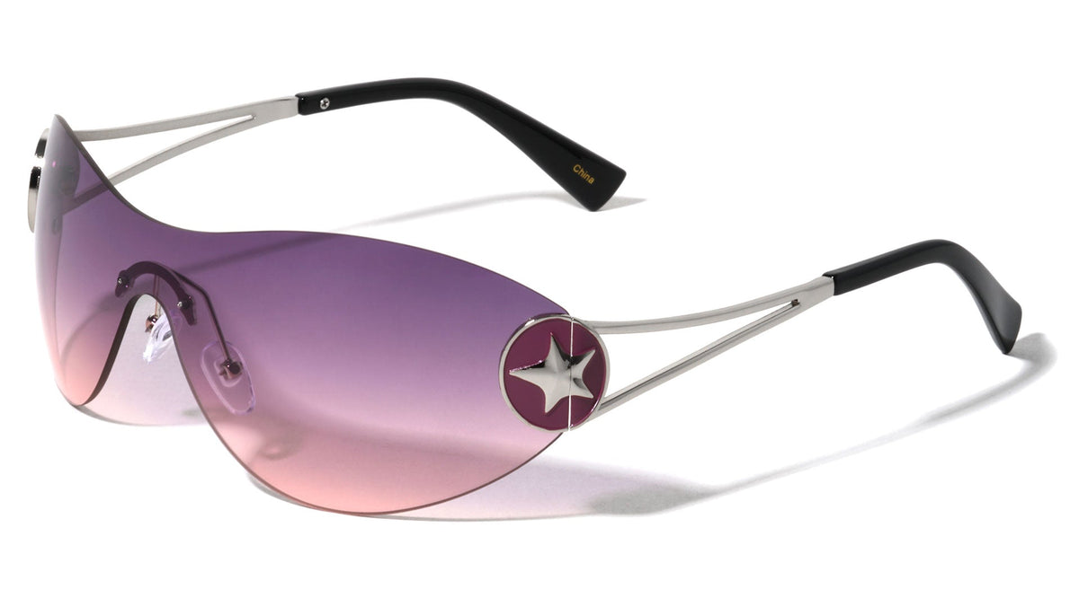 Rimless Oval Shield Sunglasses W/ Star Hinge