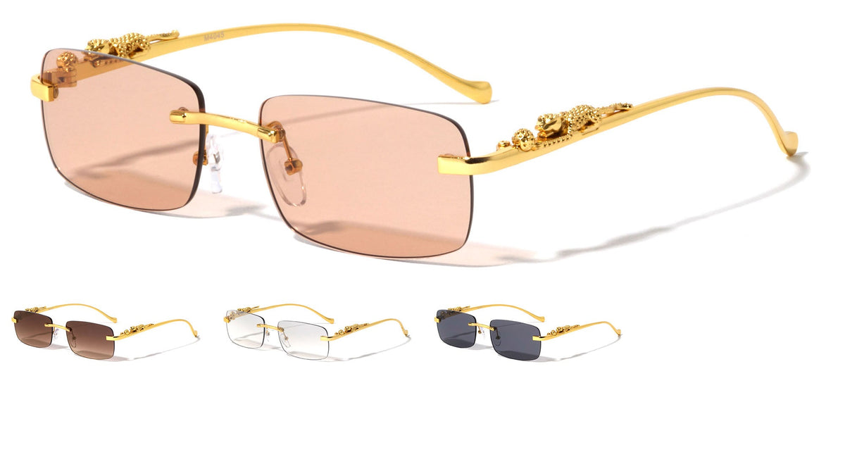 Rimless Rectangle Sunglasses W/ Gold Jaguar Arms