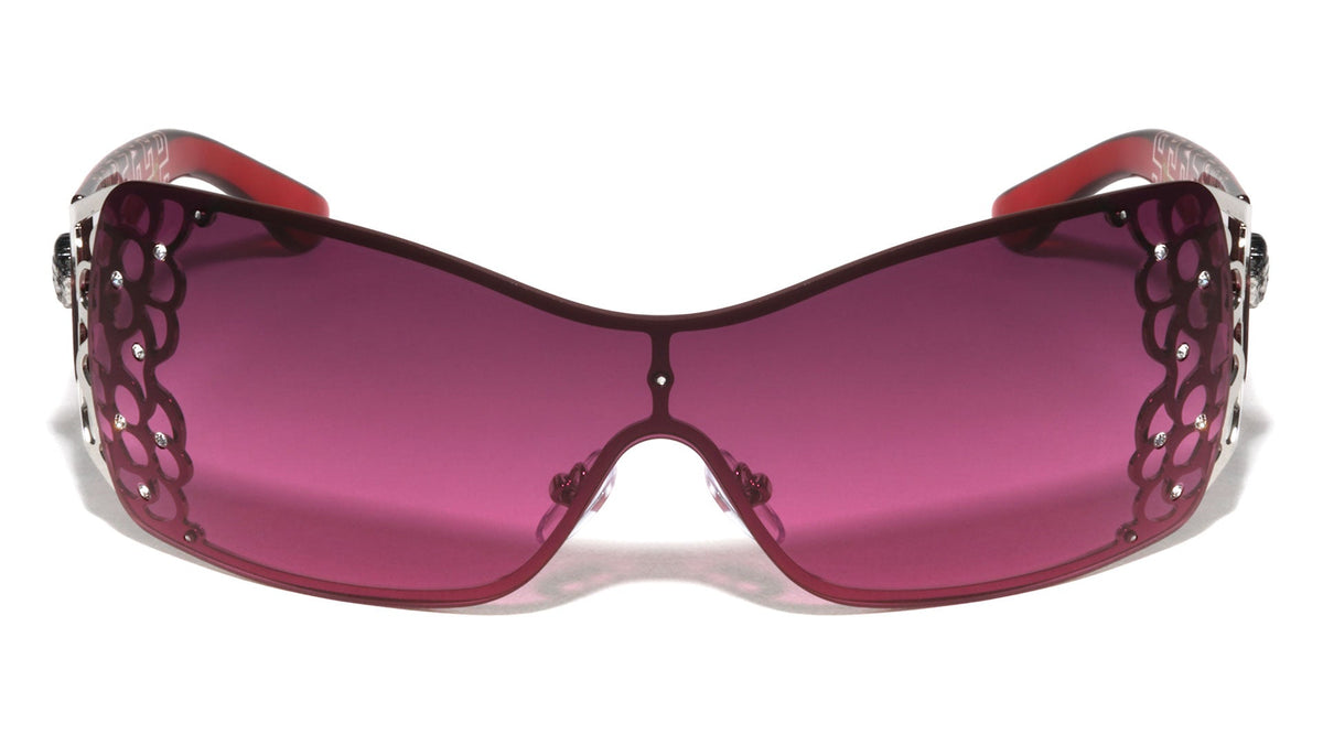 Rhinestone Shield Sunglasses W/ Floral Cutout Arms