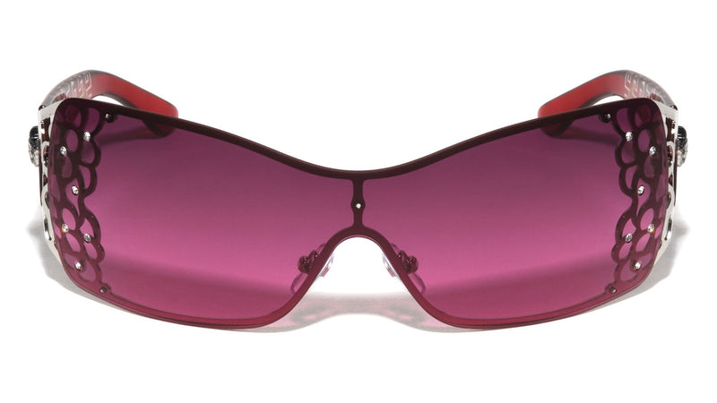 Rhinestone Shield Sunglasses W/ Floral Cutout Arms