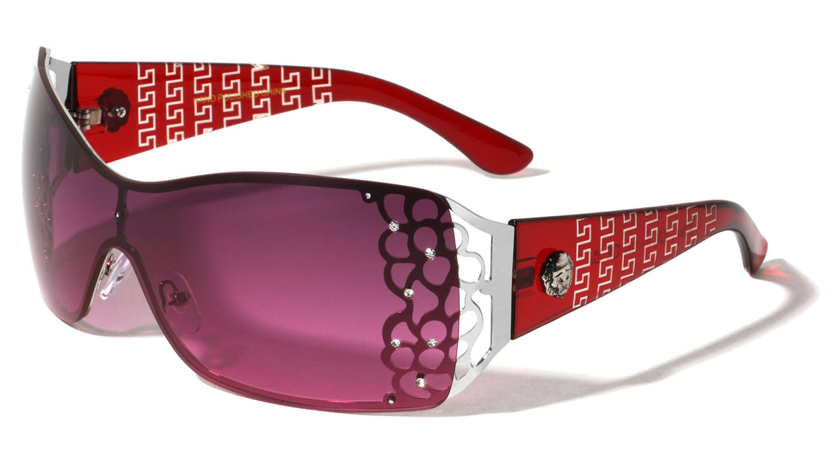 Rhinestone Shield Sunglasses W/ Floral Cutout Arms