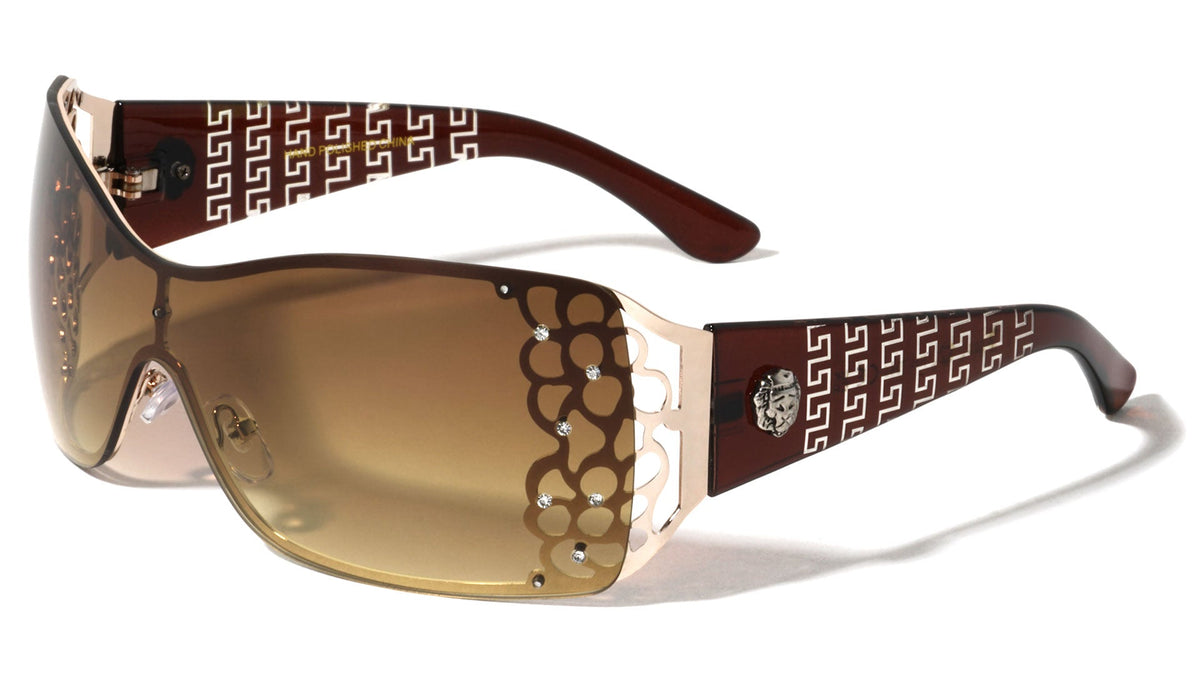 Rhinestone Shield Sunglasses W/ Floral Cutout Arms