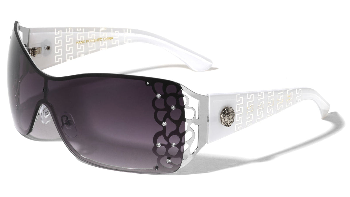 Rhinestone Shield Sunglasses W/ Floral Cutout Arms