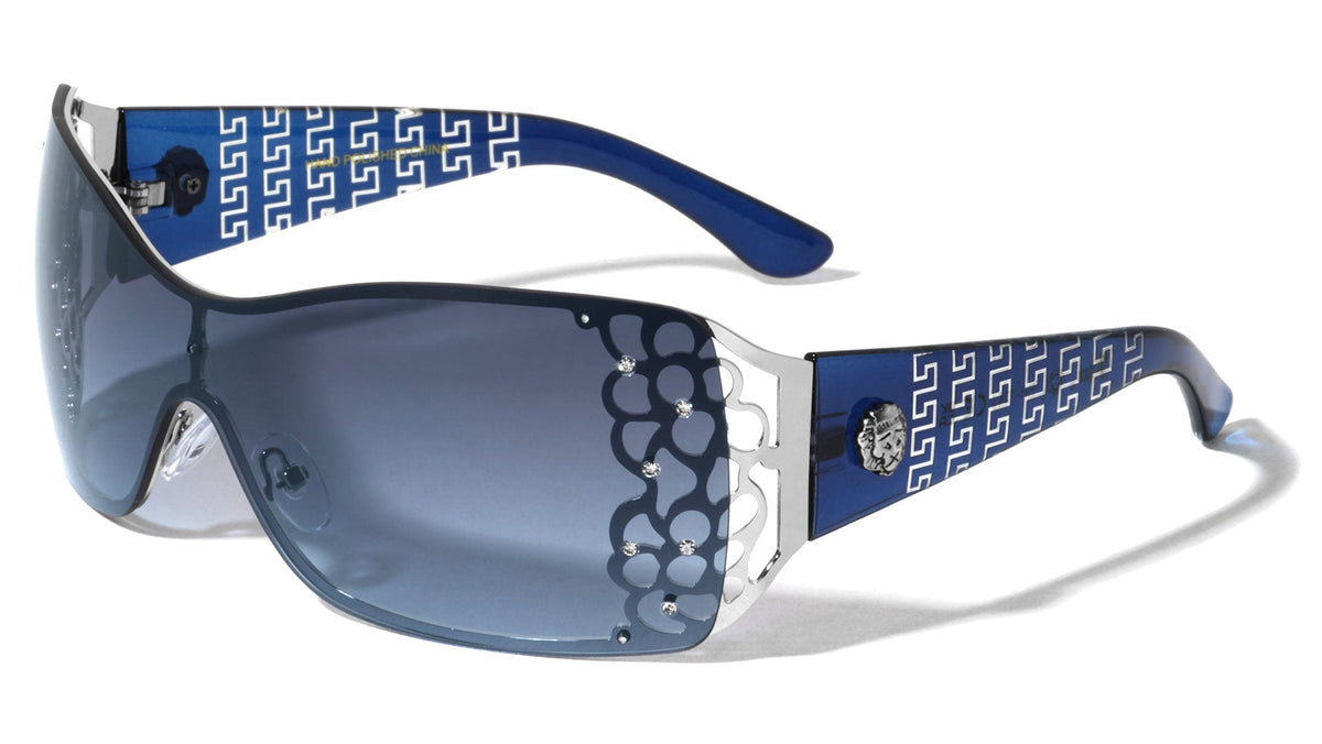 Rhinestone Shield Sunglasses W/ Floral Cutout Arms