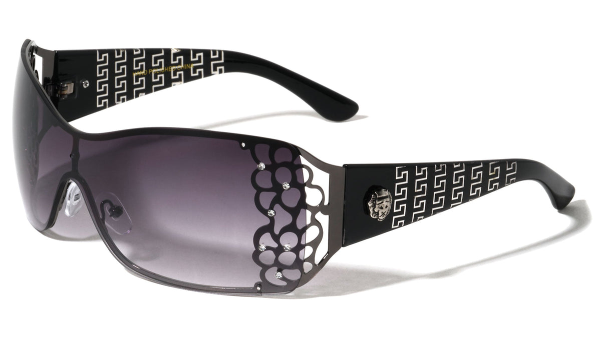 Rhinestone Shield Sunglasses W/ Floral Cutout Arms