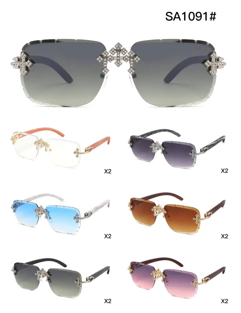 Rimless Diamond Cut Sunglasses W/ Cross Hinge