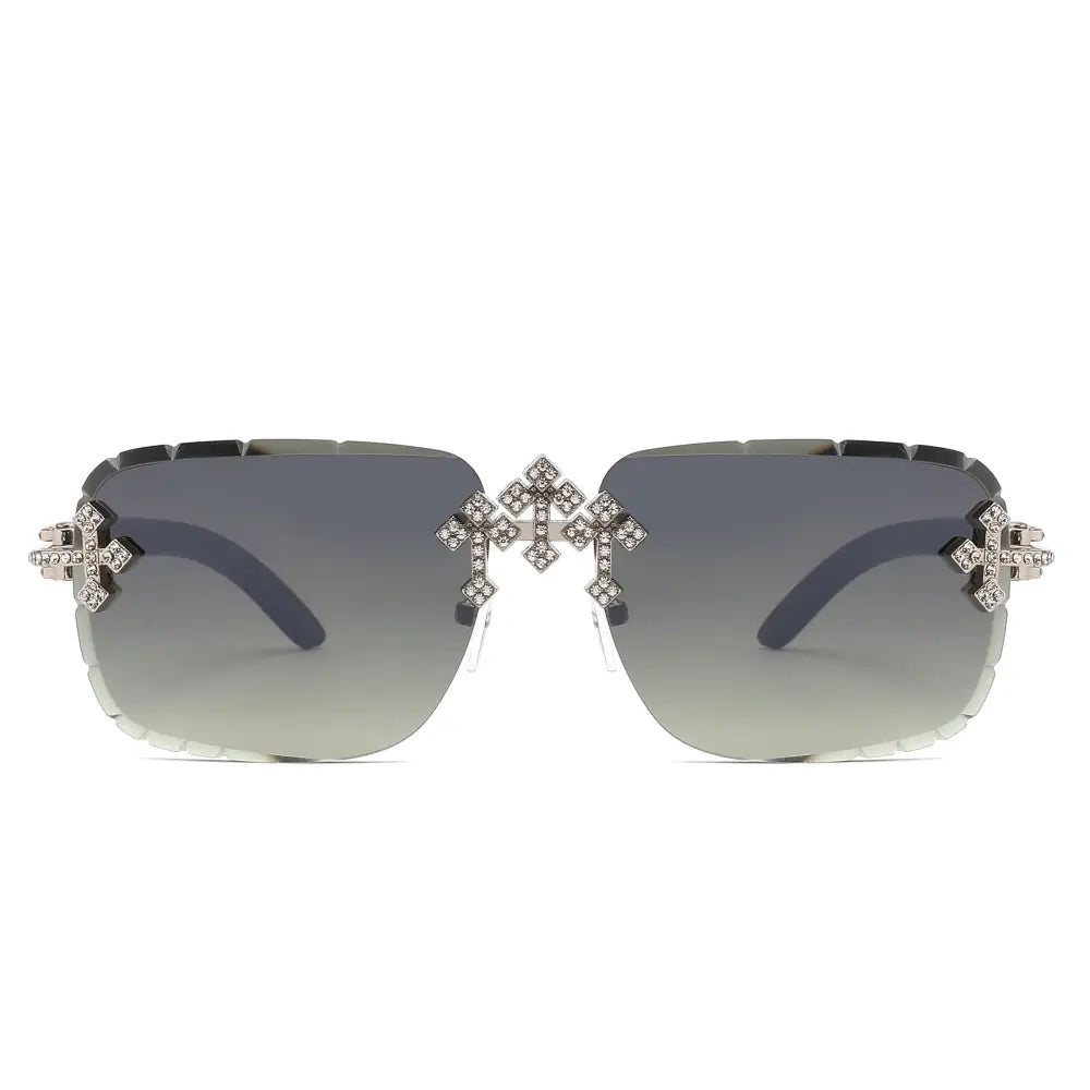 Rimless Diamond Cut Sunglasses W/ Cross Hinge