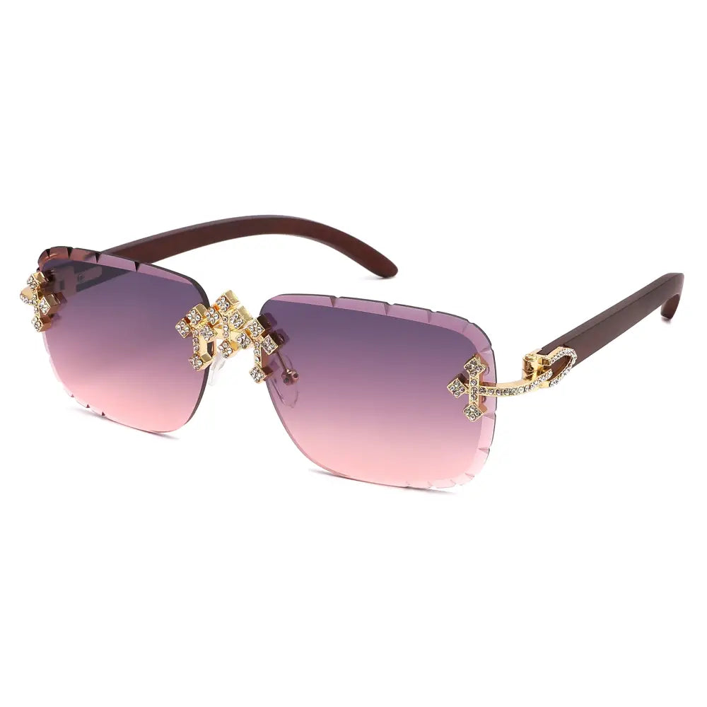 Rimless Diamond Cut Sunglasses W/ Cross Hinge