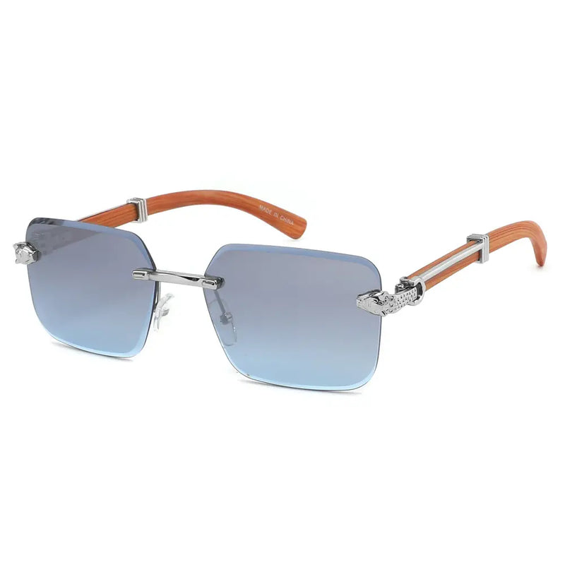 Rimless Diamond Cut Sunglasses W/ Wood-Look Arms