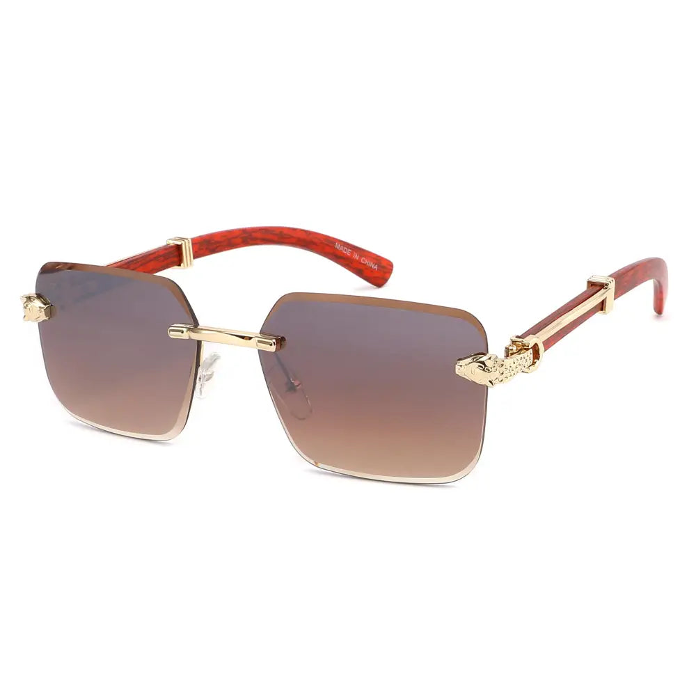 Rimless Diamond Cut Sunglasses W/ Wood-Look Arms
