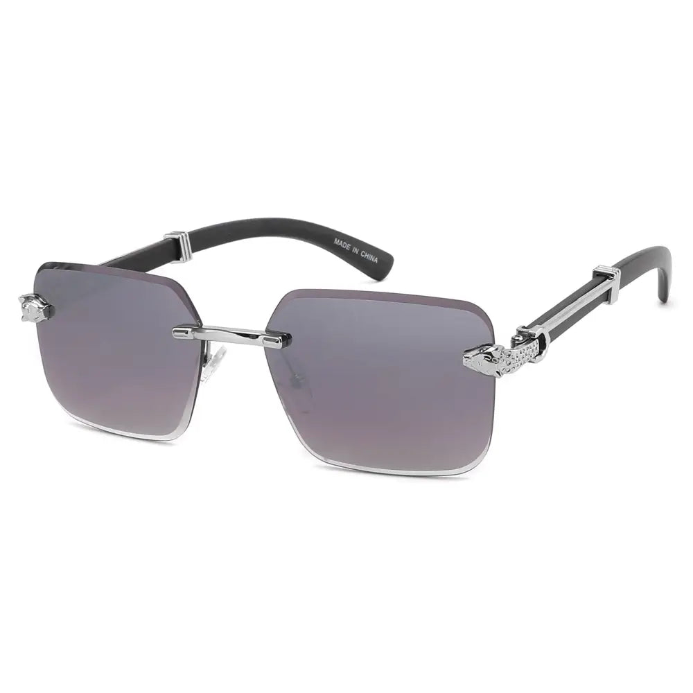 Rimless Diamond Cut Sunglasses W/ Wood-Look Arms