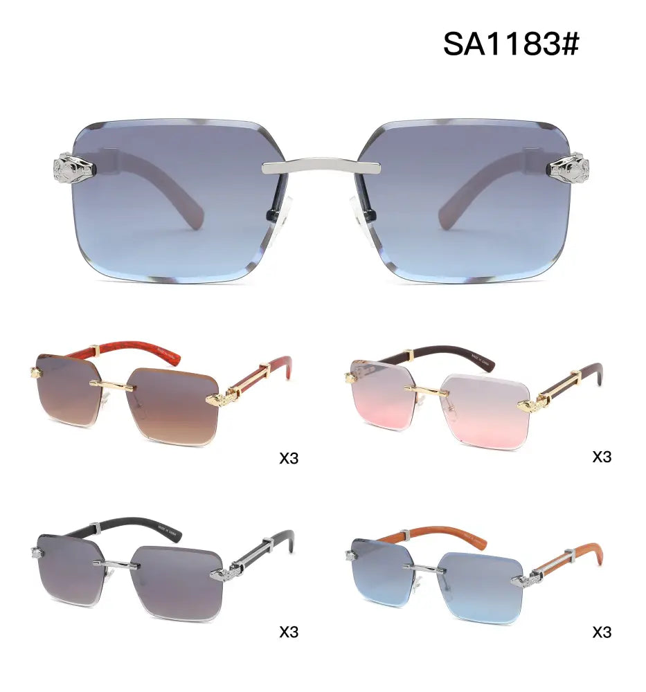 Rimless Diamond Cut Sunglasses W/ Wood-Look Arms