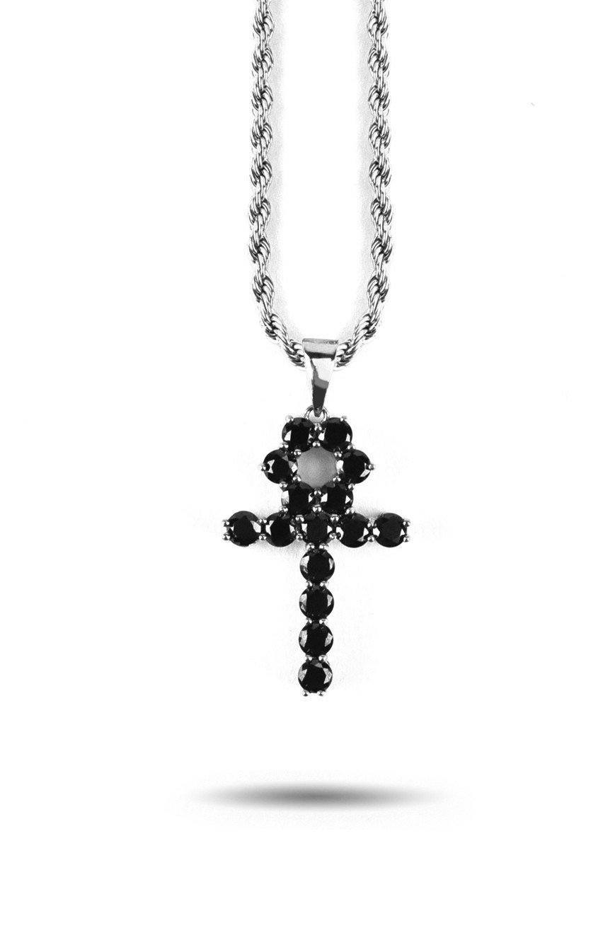 Micro Onyx Ankh Necklace in White Gold - The Gold Gods