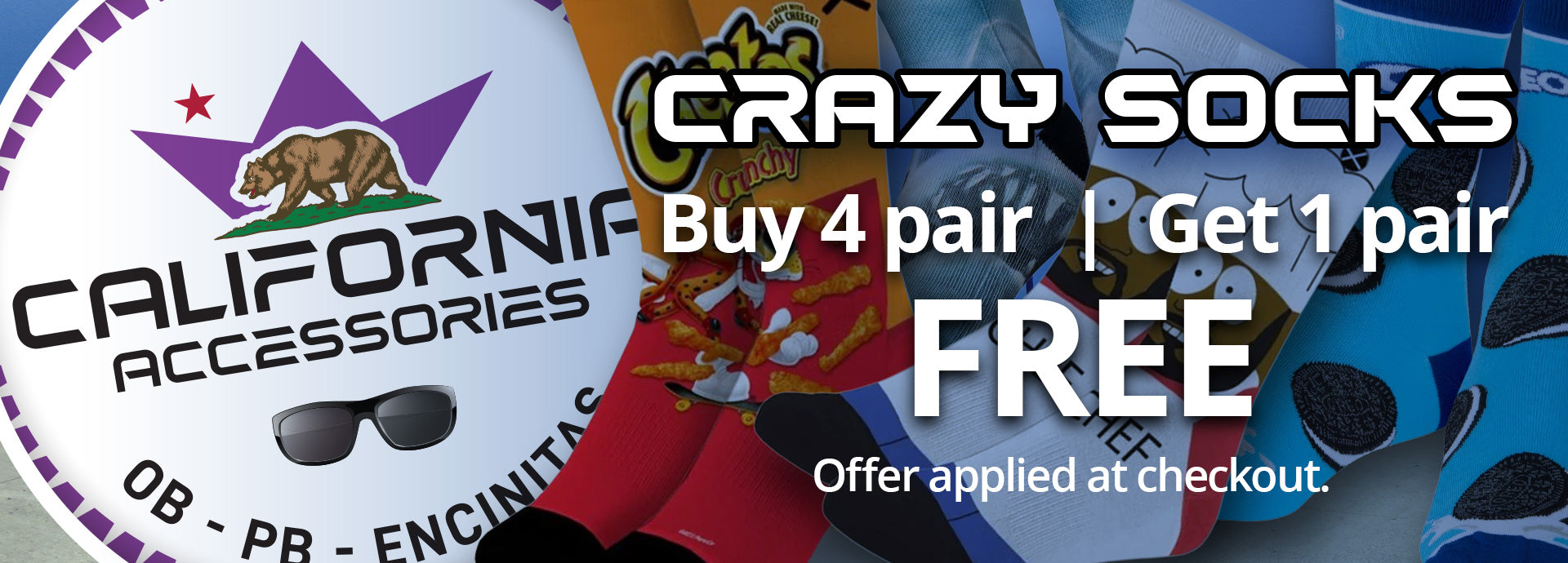 Crazy Socks. Buy 4 pair, get 1 pair free. Offer applied at checkout.